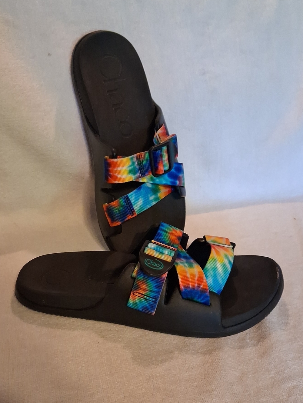 Chaco Women's Tie-Dye Adjustable Slide Sandals - Black Base with Rainbow Straps